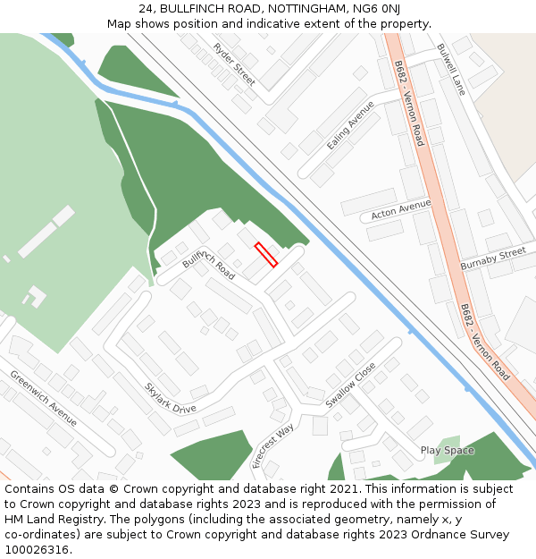 24, BULLFINCH ROAD, NOTTINGHAM, NG6 0NJ: Location map and indicative extent of plot