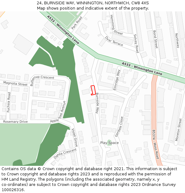 24, BURNSIDE WAY, WINNINGTON, NORTHWICH, CW8 4XS: Location map and indicative extent of plot