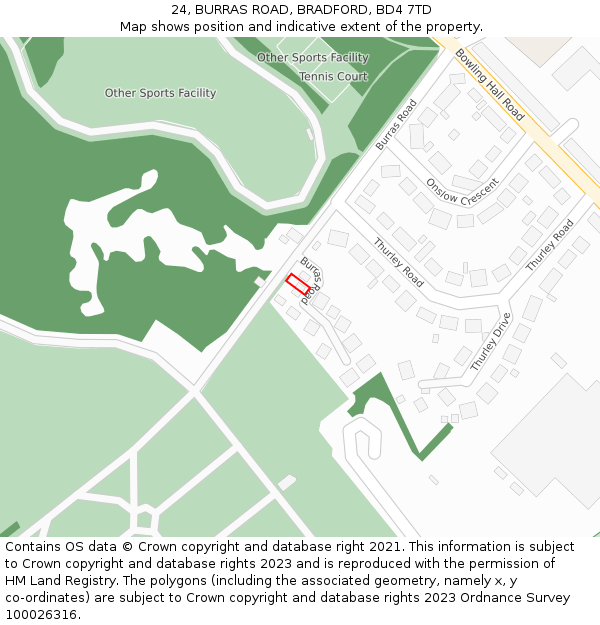 24, BURRAS ROAD, BRADFORD, BD4 7TD: Location map and indicative extent of plot