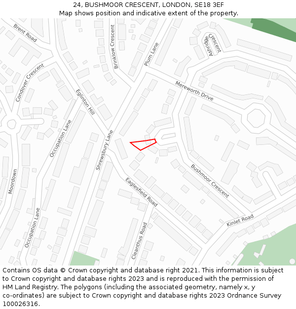 24, BUSHMOOR CRESCENT, LONDON, SE18 3EF: Location map and indicative extent of plot
