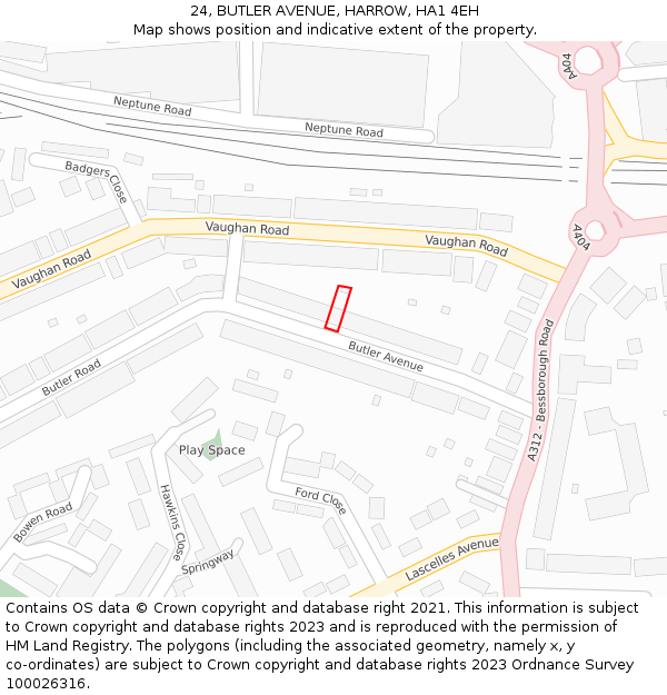 24, BUTLER AVENUE, HARROW, HA1 4EH: Location map and indicative extent of plot