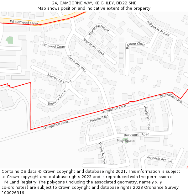 24, CAMBORNE WAY, KEIGHLEY, BD22 6NE: Location map and indicative extent of plot