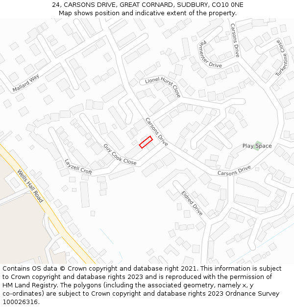 24, CARSONS DRIVE, GREAT CORNARD, SUDBURY, CO10 0NE: Location map and indicative extent of plot