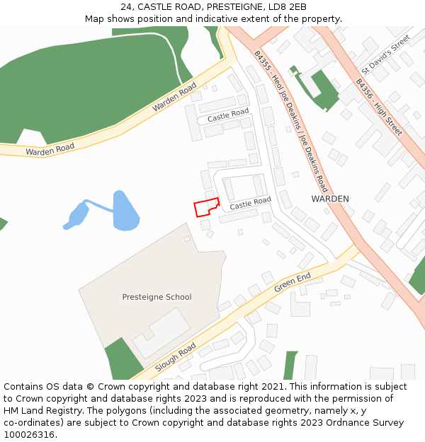 24, CASTLE ROAD, PRESTEIGNE, LD8 2EB: Location map and indicative extent of plot