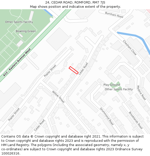 24, CEDAR ROAD, ROMFORD, RM7 7JS: Location map and indicative extent of plot