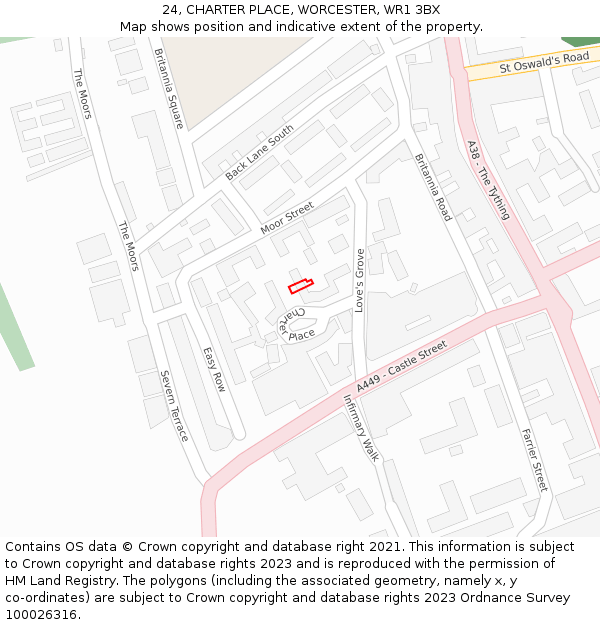 24, CHARTER PLACE, WORCESTER, WR1 3BX: Location map and indicative extent of plot
