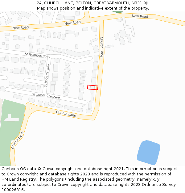 24, CHURCH LANE, BELTON, GREAT YARMOUTH, NR31 9JL: Location map and indicative extent of plot