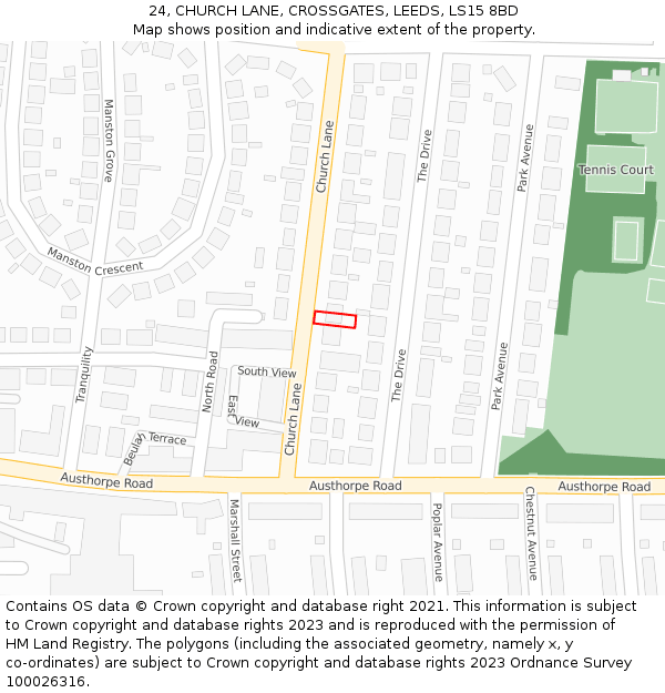 24, CHURCH LANE, CROSSGATES, LEEDS, LS15 8BD: Location map and indicative extent of plot