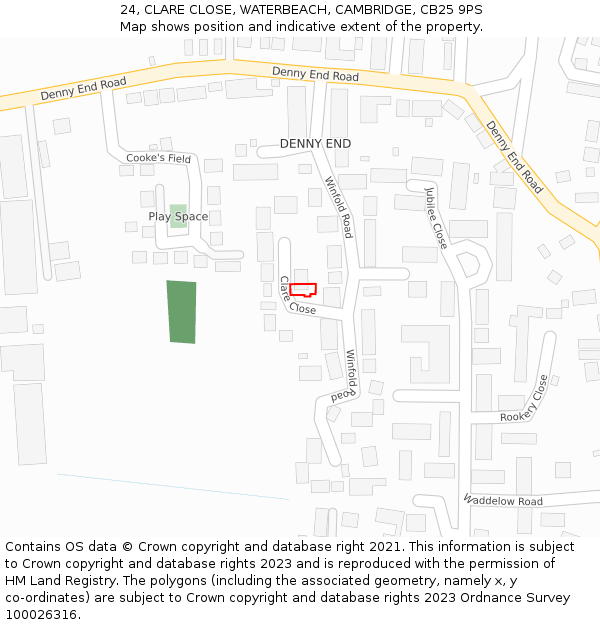 24, CLARE CLOSE, WATERBEACH, CAMBRIDGE, CB25 9PS: Location map and indicative extent of plot