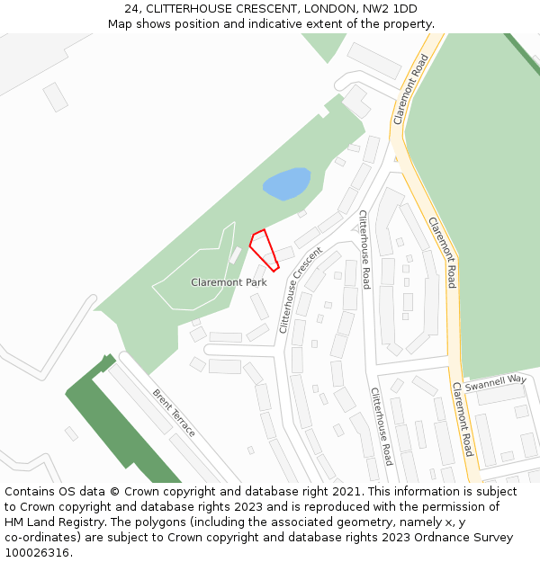 24, CLITTERHOUSE CRESCENT, LONDON, NW2 1DD: Location map and indicative extent of plot