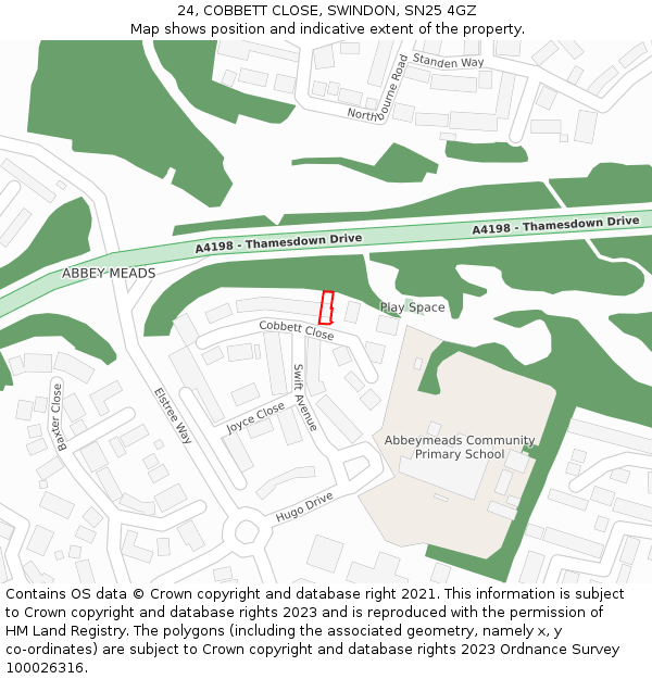 24, COBBETT CLOSE, SWINDON, SN25 4GZ: Location map and indicative extent of plot