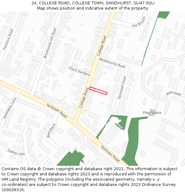 24, COLLEGE ROAD, COLLEGE TOWN, SANDHURST, GU47 0QU: Location map and indicative extent of plot
