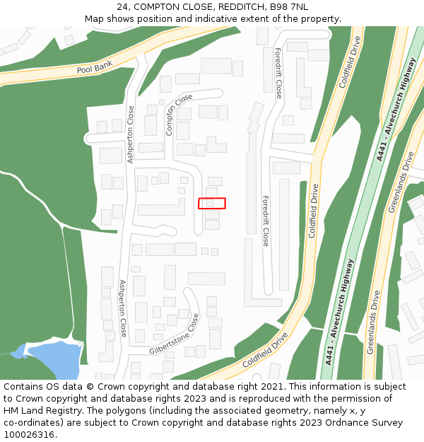 24, COMPTON CLOSE, REDDITCH, B98 7NL: Location map and indicative extent of plot