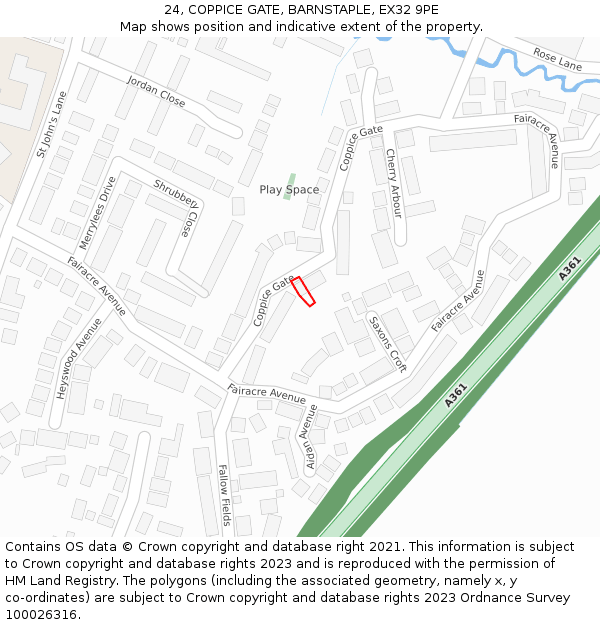 24, COPPICE GATE, BARNSTAPLE, EX32 9PE: Location map and indicative extent of plot