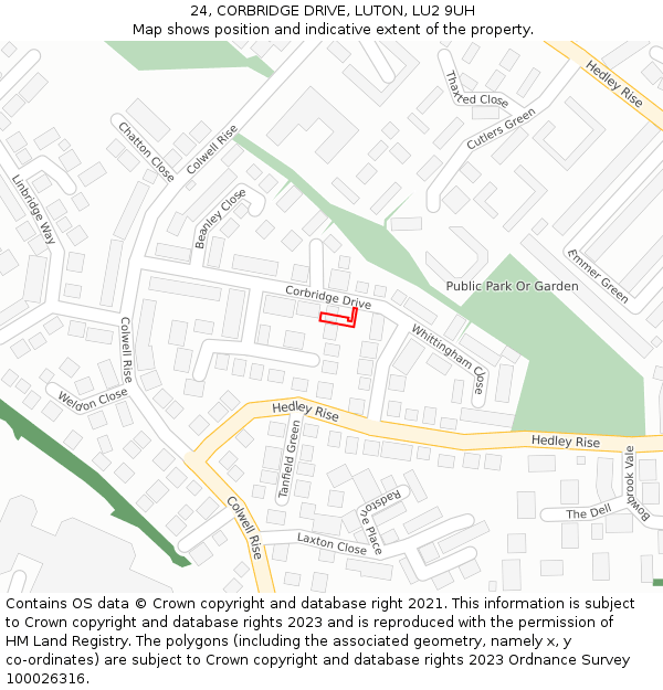 24, CORBRIDGE DRIVE, LUTON, LU2 9UH: Location map and indicative extent of plot