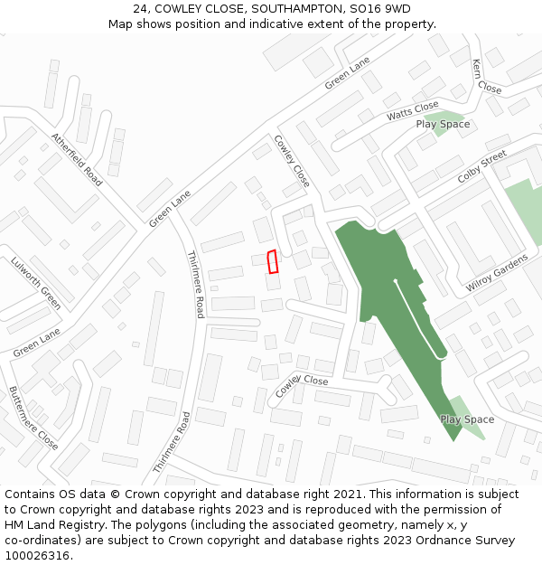 24, COWLEY CLOSE, SOUTHAMPTON, SO16 9WD: Location map and indicative extent of plot