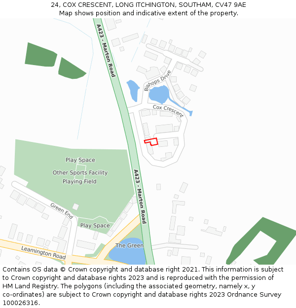 24, COX CRESCENT, LONG ITCHINGTON, SOUTHAM, CV47 9AE: Location map and indicative extent of plot