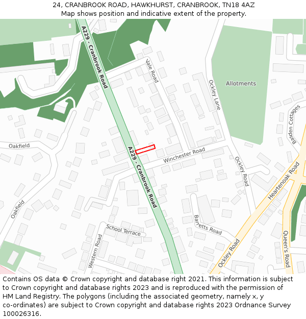 24, CRANBROOK ROAD, HAWKHURST, CRANBROOK, TN18 4AZ: Location map and indicative extent of plot