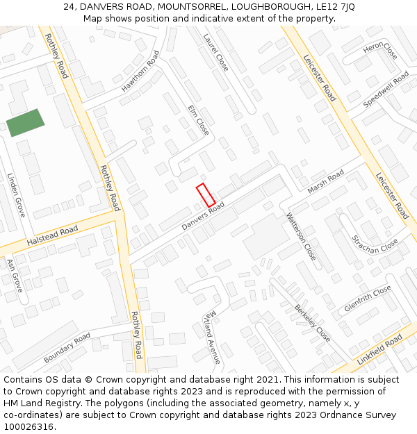 24, DANVERS ROAD, MOUNTSORREL, LOUGHBOROUGH, LE12 7JQ: Location map and indicative extent of plot