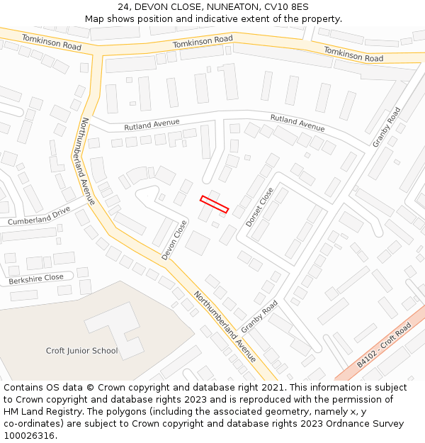 24, DEVON CLOSE, NUNEATON, CV10 8ES: Location map and indicative extent of plot