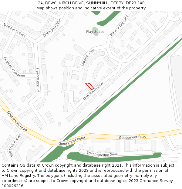 24, DEWCHURCH DRIVE, SUNNYHILL, DERBY, DE23 1XP: Location map and indicative extent of plot