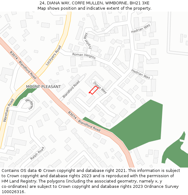 24, DIANA WAY, CORFE MULLEN, WIMBORNE, BH21 3XE: Location map and indicative extent of plot