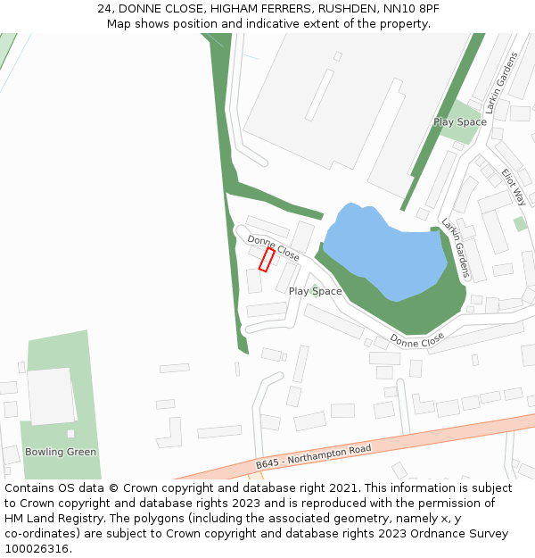 24, DONNE CLOSE, HIGHAM FERRERS, RUSHDEN, NN10 8PF: Location map and indicative extent of plot