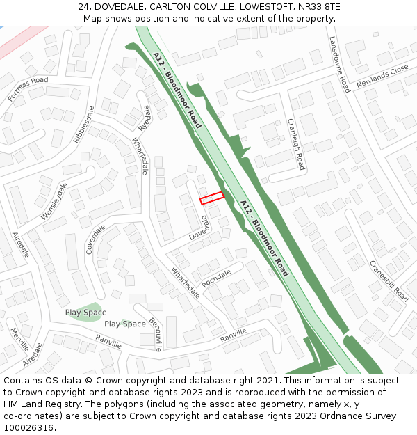 24, DOVEDALE, CARLTON COLVILLE, LOWESTOFT, NR33 8TE: Location map and indicative extent of plot