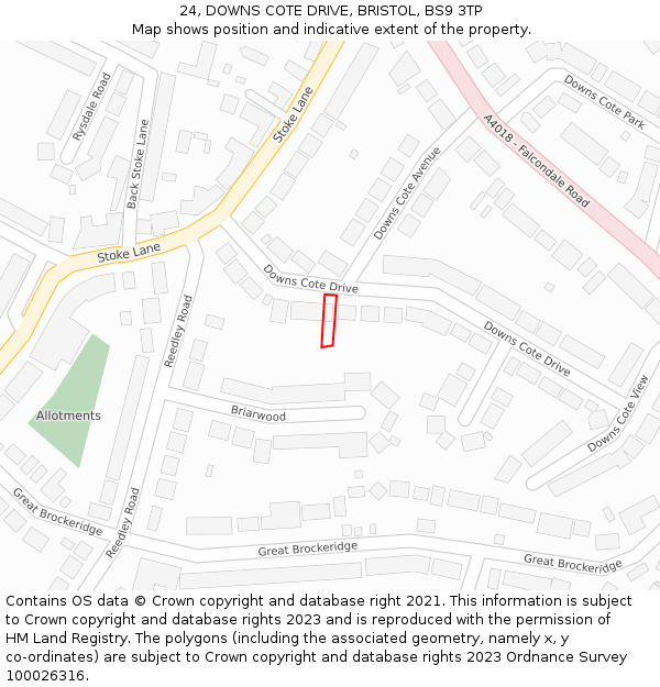 24, DOWNS COTE DRIVE, BRISTOL, BS9 3TP: Location map and indicative extent of plot