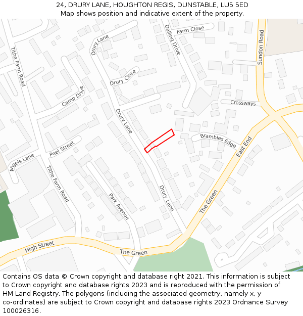 24, DRURY LANE, HOUGHTON REGIS, DUNSTABLE, LU5 5ED: Location map and indicative extent of plot