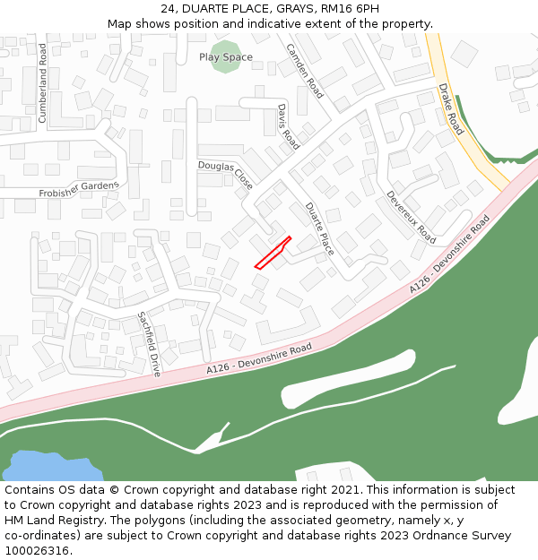 24, DUARTE PLACE, GRAYS, RM16 6PH: Location map and indicative extent of plot