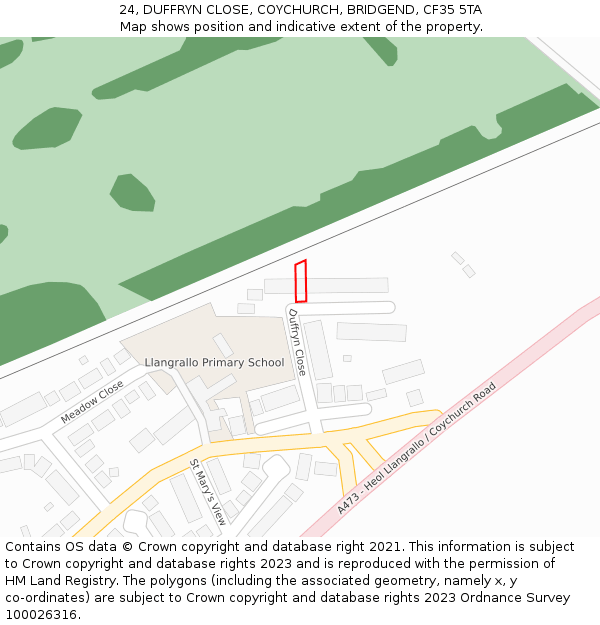 24, DUFFRYN CLOSE, COYCHURCH, BRIDGEND, CF35 5TA: Location map and indicative extent of plot
