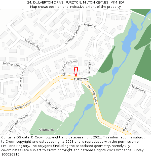 24, DULVERTON DRIVE, FURZTON, MILTON KEYNES, MK4 1DF: Location map and indicative extent of plot