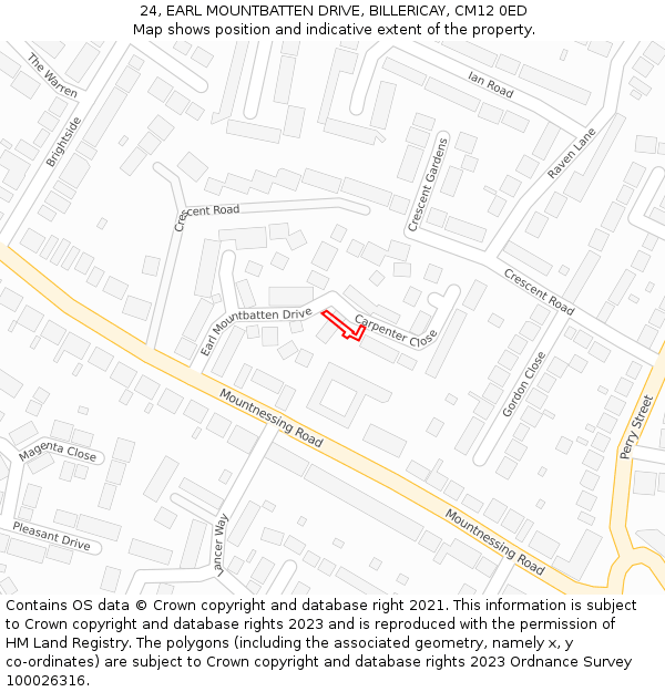 24, EARL MOUNTBATTEN DRIVE, BILLERICAY, CM12 0ED: Location map and indicative extent of plot