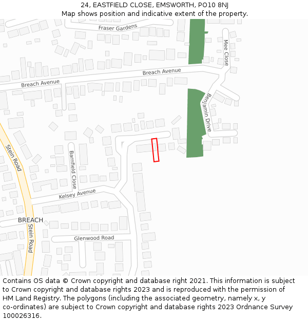 24, EASTFIELD CLOSE, EMSWORTH, PO10 8NJ: Location map and indicative extent of plot