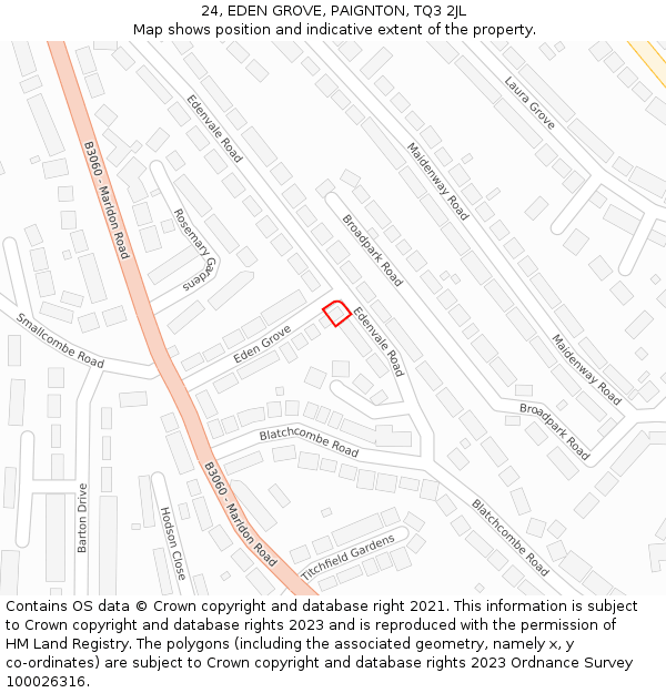 24, EDEN GROVE, PAIGNTON, TQ3 2JL: Location map and indicative extent of plot