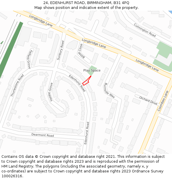 24, EDENHURST ROAD, BIRMINGHAM, B31 4PQ: Location map and indicative extent of plot