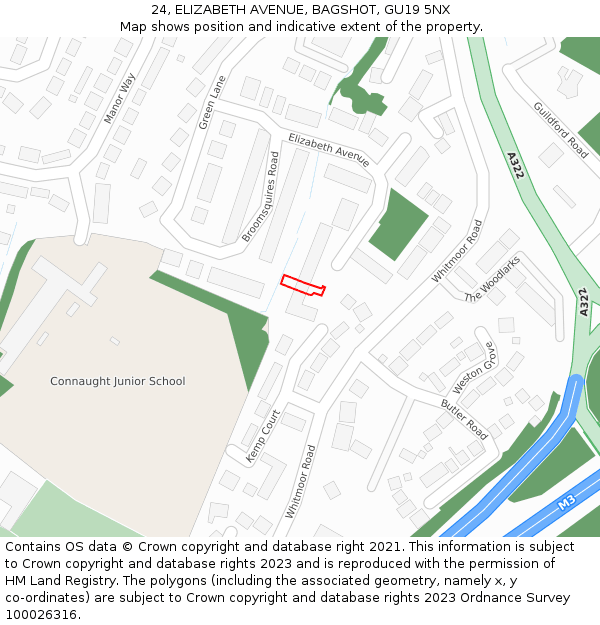 24, ELIZABETH AVENUE, BAGSHOT, GU19 5NX: Location map and indicative extent of plot