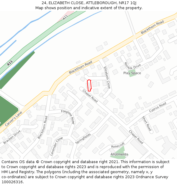 24, ELIZABETH CLOSE, ATTLEBOROUGH, NR17 1QJ: Location map and indicative extent of plot