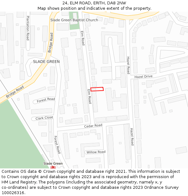 24, ELM ROAD, ERITH, DA8 2NW: Location map and indicative extent of plot