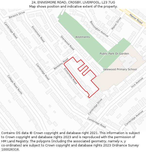 24, ENNISMORE ROAD, CROSBY, LIVERPOOL, L23 7UG: Location map and indicative extent of plot