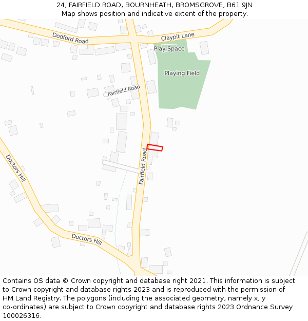 24, FAIRFIELD ROAD, BOURNHEATH, BROMSGROVE, B61 9JN: Location map and indicative extent of plot