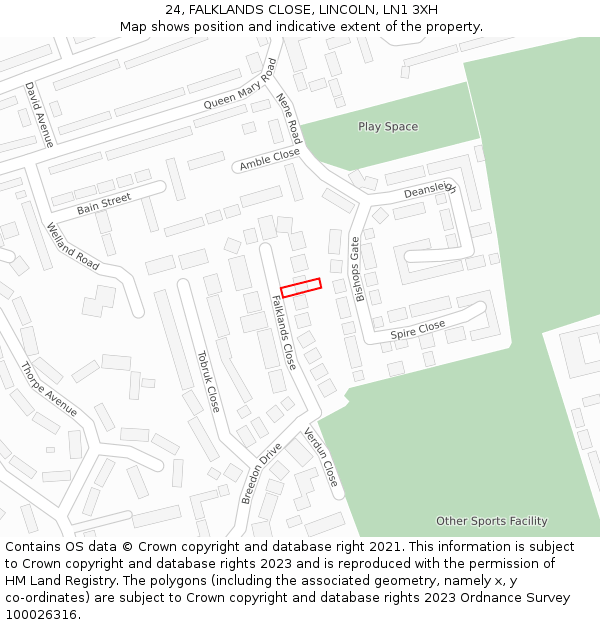 24, FALKLANDS CLOSE, LINCOLN, LN1 3XH: Location map and indicative extent of plot