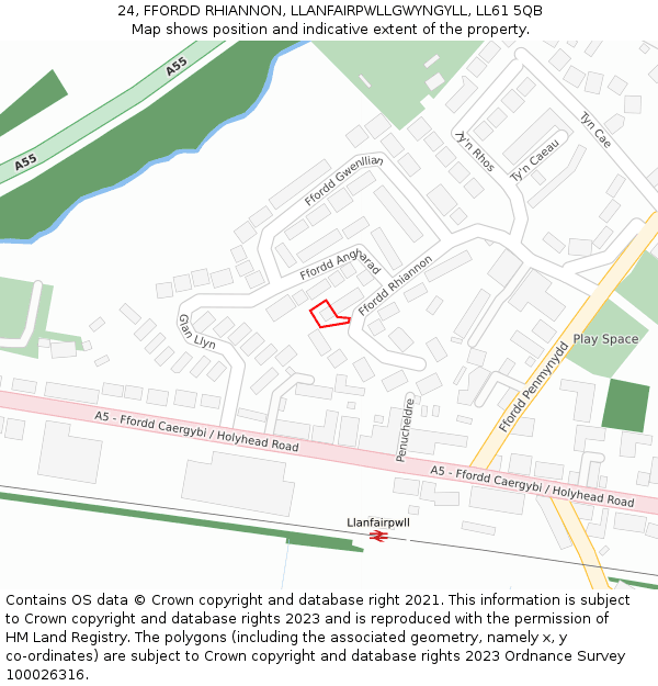24, FFORDD RHIANNON, LLANFAIRPWLLGWYNGYLL, LL61 5QB: Location map and indicative extent of plot