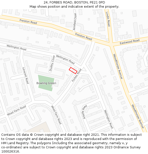24, FORBES ROAD, BOSTON, PE21 0PD: Location map and indicative extent of plot
