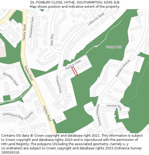 24, FOXBURY CLOSE, HYTHE, SOUTHAMPTON, SO45 3LB: Location map and indicative extent of plot