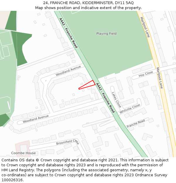 24, FRANCHE ROAD, KIDDERMINSTER, DY11 5AQ: Location map and indicative extent of plot