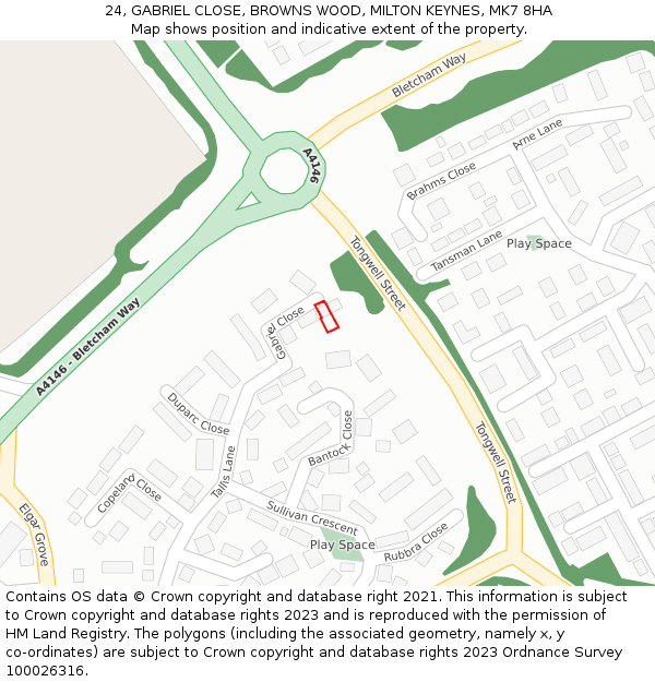 24, GABRIEL CLOSE, BROWNS WOOD, MILTON KEYNES, MK7 8HA: Location map and indicative extent of plot