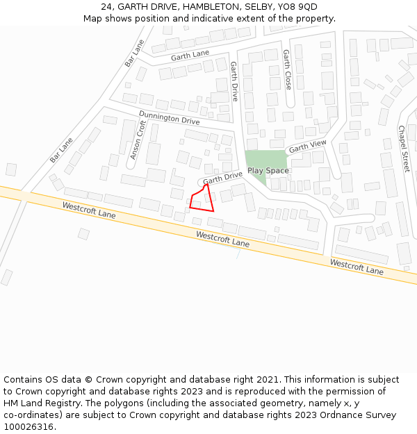 24, GARTH DRIVE, HAMBLETON, SELBY, YO8 9QD: Location map and indicative extent of plot