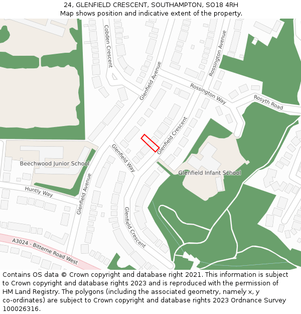 24, GLENFIELD CRESCENT, SOUTHAMPTON, SO18 4RH: Location map and indicative extent of plot